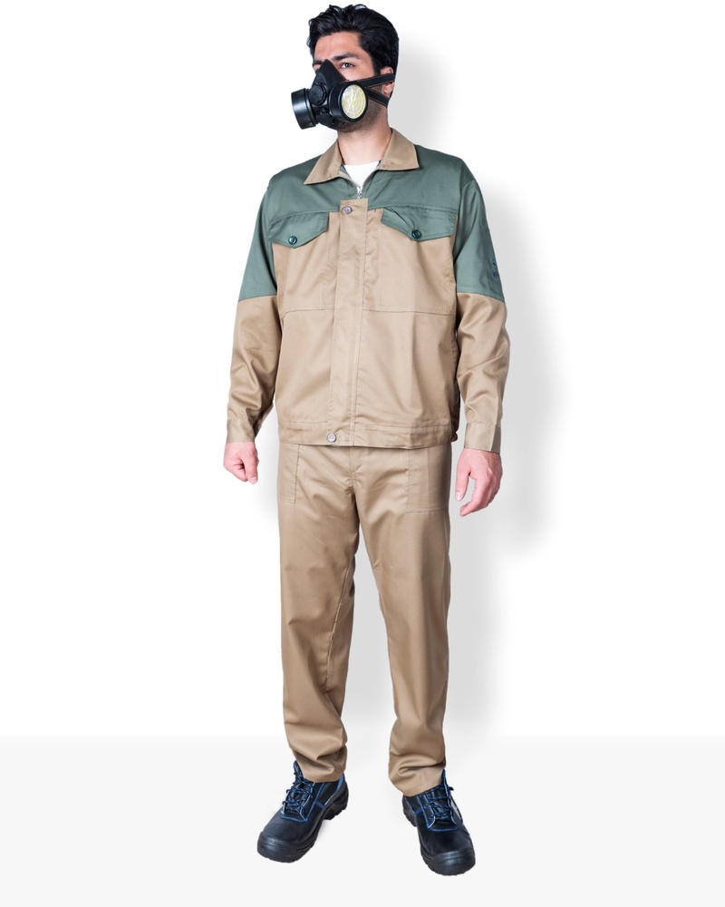 لباس کار پارسیان کارا KARA-2P-011 خاکی زیتونی با ماسک فیلتردار و کفش ایمنی صنعتی